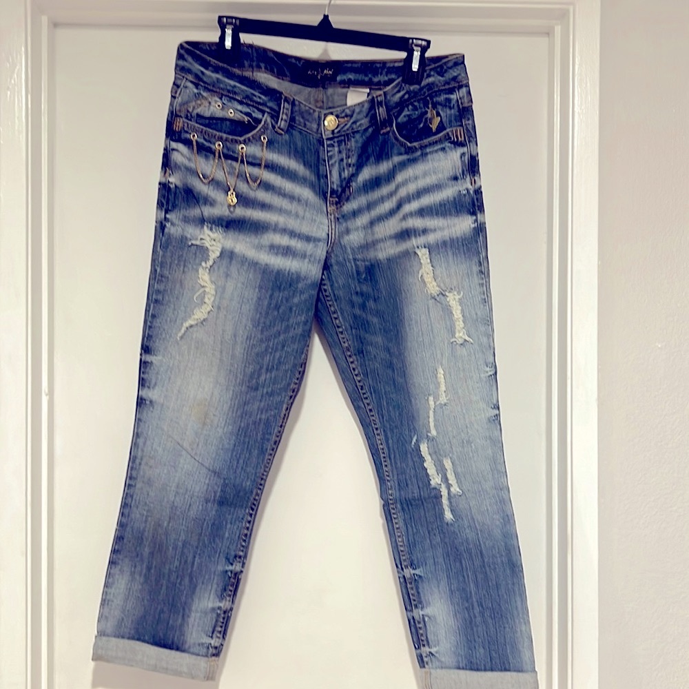 baby phat jeans with Gold chains and diamond button Blue washed